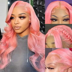HOTLOVE Pink Lace Front Wig Human Hair 13x4 HD Lace Front Wigs Human Hair Pre Plucked Body Wave Pink Lace Frontal Wig Human Hair 180% Density Pink Glueless Wig 28inch