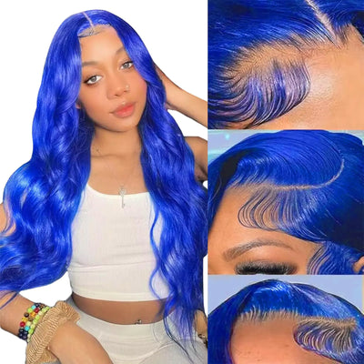 Blue Wig Human Hair 26 Inch Blue Lace Front Wig Human Hair Pre Plucked 16A Long Blue Colored Wig Human Hair 13x4 HD Body Wave Lace Front Wigs Human Hair Colored Dark Blue Wig 210% Density Colored Wig